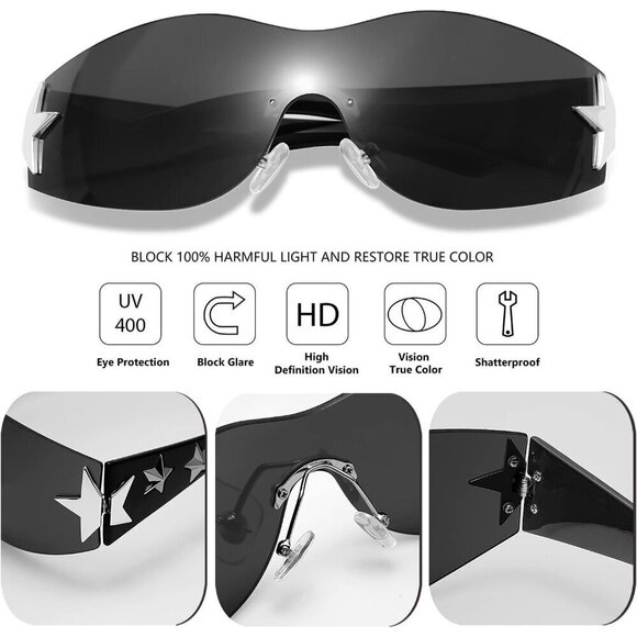 Sunglasses Star Wrap Around Glasses Black Cool Shield Shades for Unisex - Picture 5 of 7